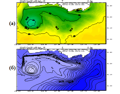 Рис. 4. Температура (а) и соленость (б) поверхности океана по состоянию на 0 часов 21 сентября 2003 года. Решение локальной модели (Саркисян, Ибраев, 2006, неопубликованный отчет)